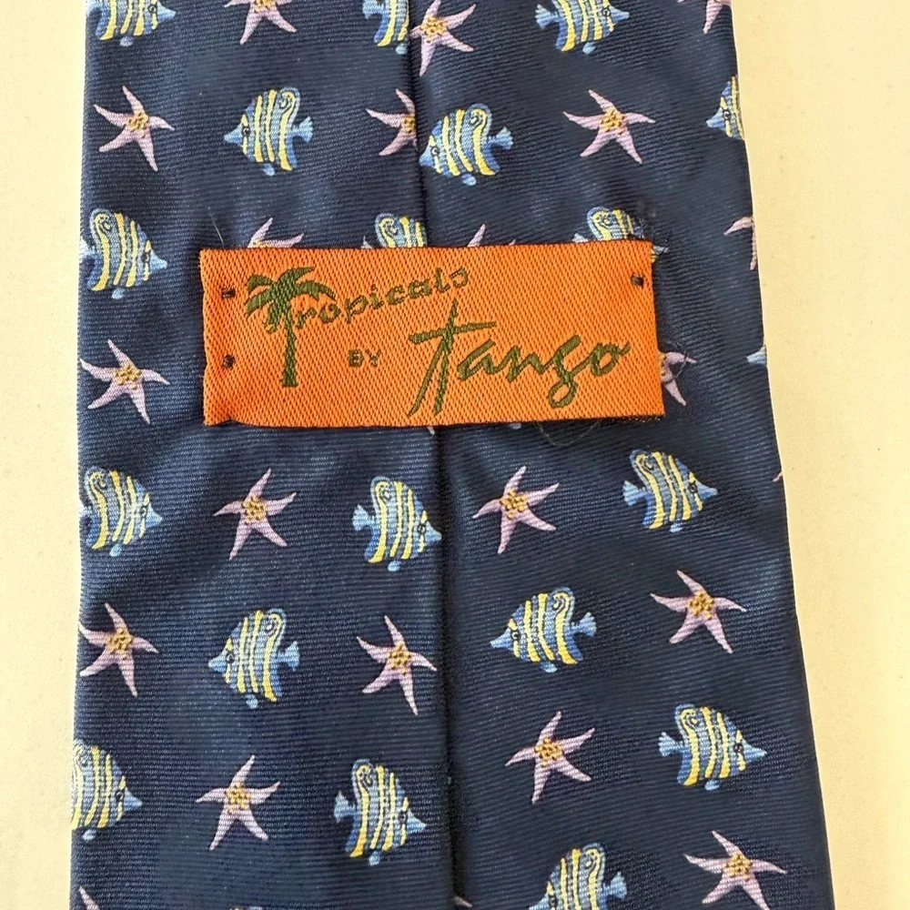 Tropicals by Tango Navy Blue Fish Patterned Men's 100% Silk Tie